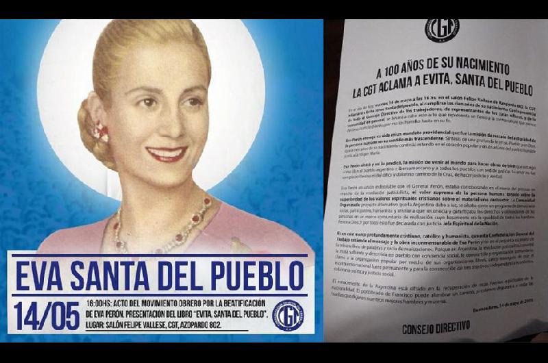 Desde la CGT se promueve que el Vaticano la declare Santa a Eva Perón