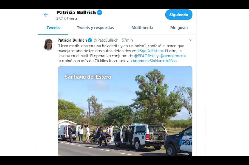 La ministra de Seguridad de la Nación publicó en Twitter un video del exitoso operativo antidrogas que se hizo esta semana en Chañar Pozo