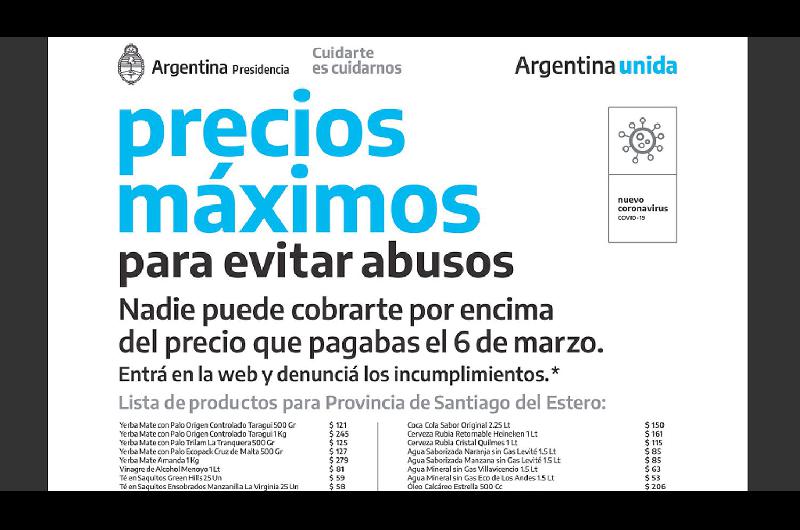 Entraacute y consultaacute el listado de precios maacuteximos para Santiago del Estero