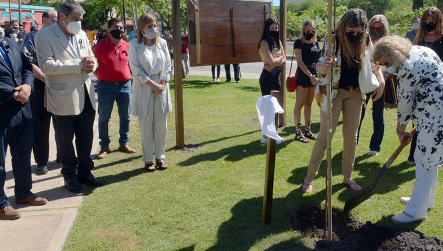 Familiares de un médico fallecido plantan un �rbol en presencia de la intendente y del presidente del
Consejo Médico