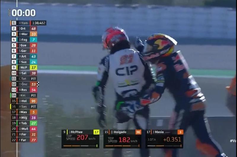 VIDEO- Dos pilotos de MotoGP se tocaron en una curva cayeron y luego se trenzaron en pelea