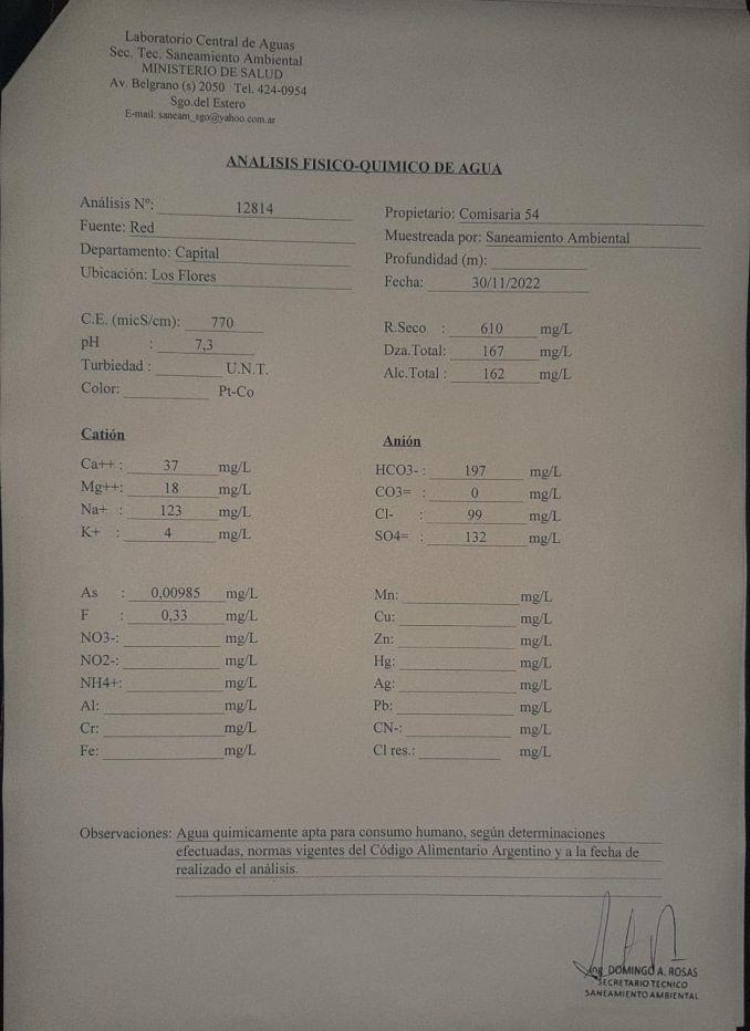 Anaacutelisis del agua del barrio Los Flores arrojoacute que es ldquoapta para consumo humanordquo