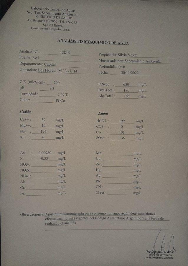 Anaacutelisis del agua del barrio Los Flores arrojoacute que es ldquoapta para consumo humanordquo