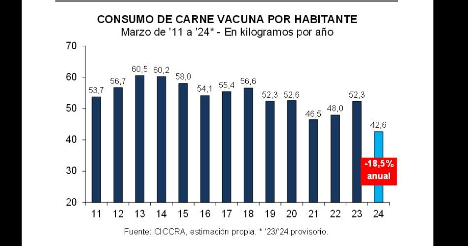 Derrumbe histoacuterico en el consumo de carne vacuna a 42 kilogramos per caacutepita