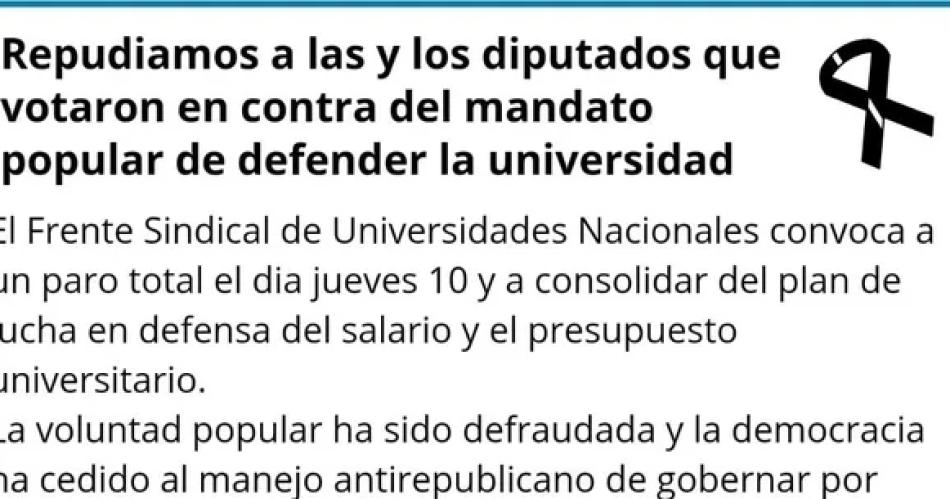 ADUNSE se adhiere al paro universitario de este jueves en rechazo al veto de la Ley de Financiamiento en Diputados