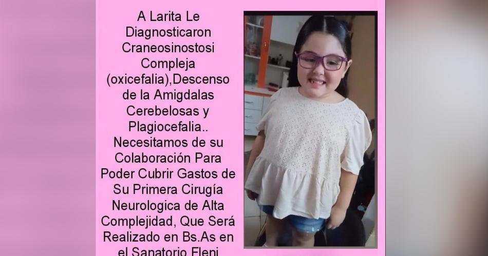 Lara necesita 20 millones para una compleja cirugiacutea neuroloacutegica y su familia pide colaboracioacuten